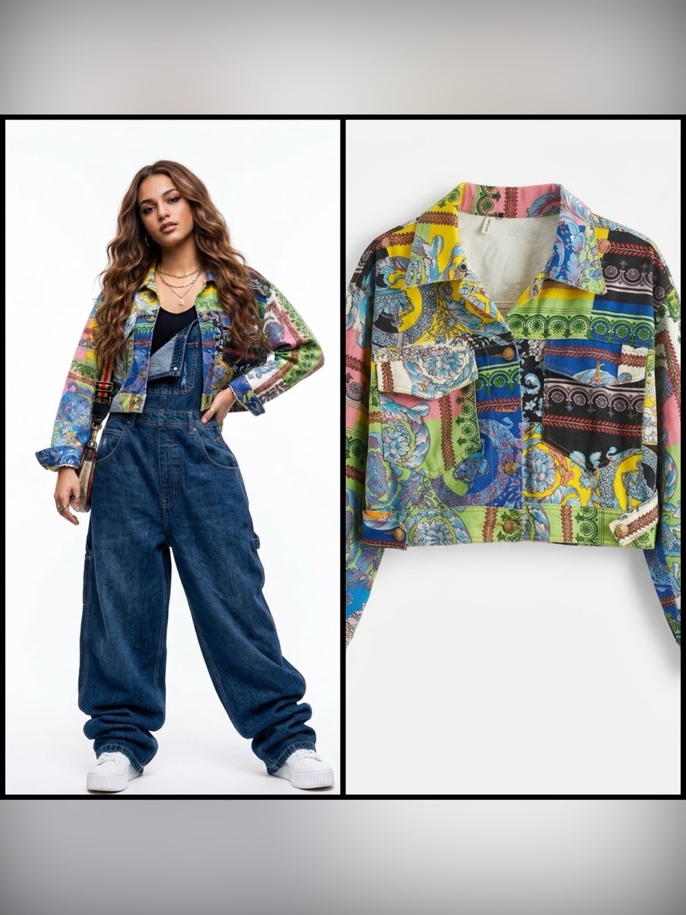 Xuan Baroque Patchwork Psychedelic Cropped Denim Trucker Jacket Multicolored XL